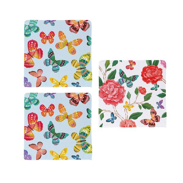 Plow & Hearth Butterfly Toile Quick Dry Dish Cloth Set Of 3 10" X 10"
