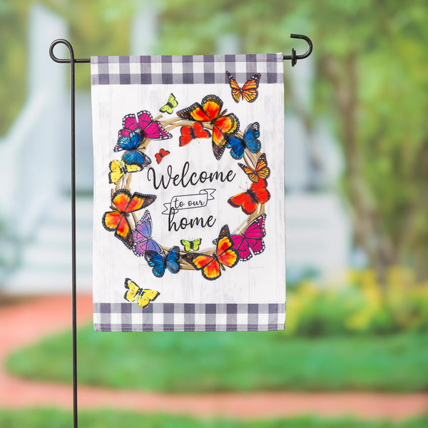 plow & hearth Butterfly Welcome Wreath Linen Garden Flag