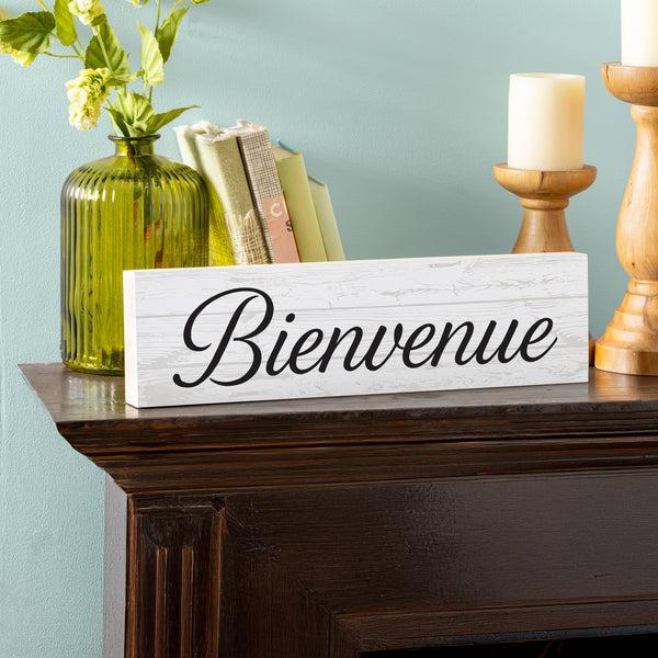 plow & hearth Canada Strong Bienvenue Wood Mantle Sign Filigree 18"x5"
