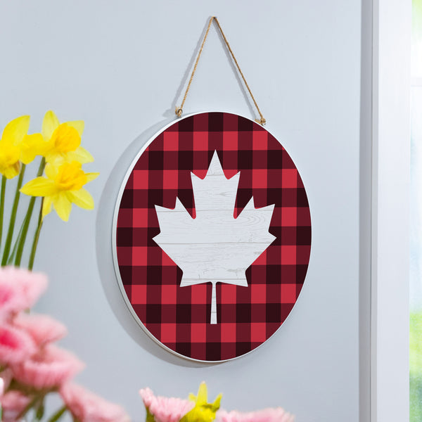 Plow & Hearth Canada Strong Maple Leaf Wood Door Décor Buffalo Check 18"