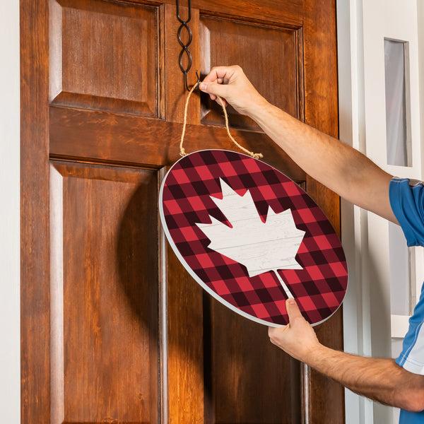 Plow & Hearth Canada Strong Maple Leaf Wood Door Décor Buffalo Check 18"