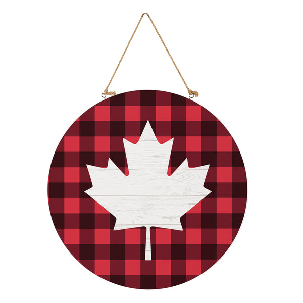Plow & Hearth Canada Strong Maple Leaf Wood Door Décor Buffalo Check 18"