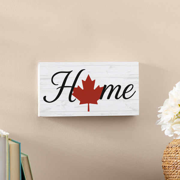 Plow & Hearth Canada Strong Maple Leaf Wood Hanging Sign W/ Rope "Home" 11"x6"