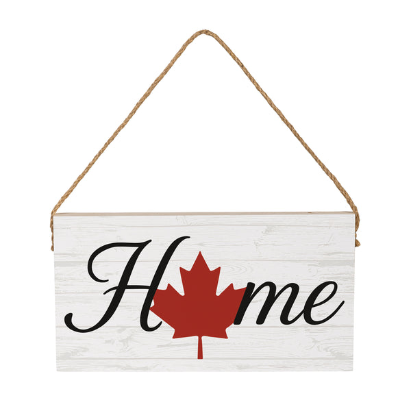 Plow & Hearth Canada Strong Maple Leaf Wood Hanging Sign W/ Rope "Home" 11"x6"