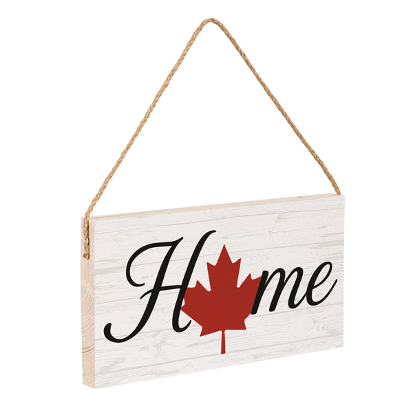 Plow & Hearth Canada Strong Maple Leaf Wood Hanging Sign W/ Rope "Home" 11"x6"