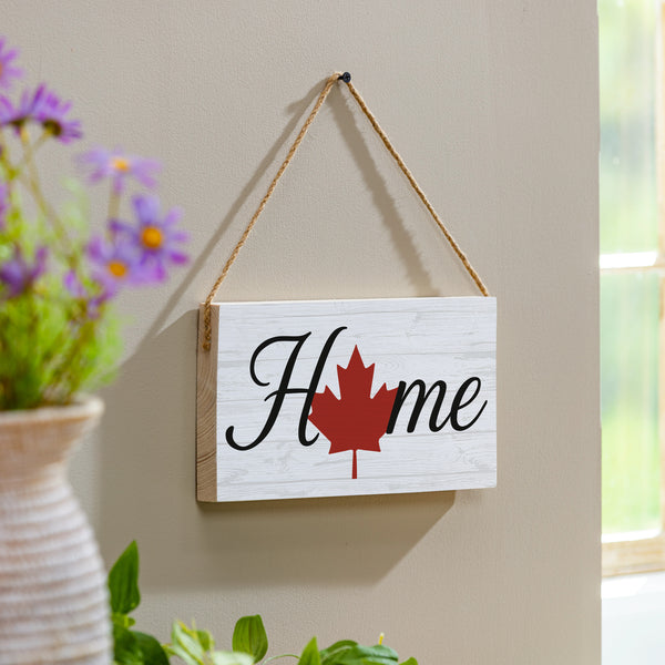 plow & hearth Canada Strong Maple Leaf Wood Hanging Sign w/ Rope "Home" 11"x6"