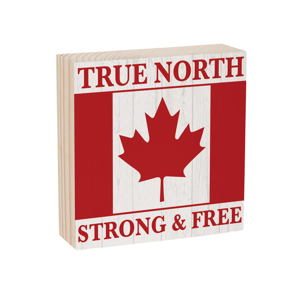 Plow & Hearth Canada Strong True North Sign Wood Block Strong & Free 6"x6"