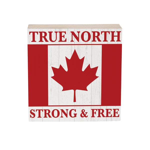 Plow & Hearth Canada Strong True North Sign Wood Block Strong & Free 6"x6"