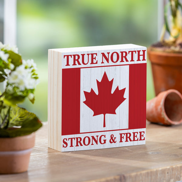 plow & hearth Canada Strong True North Sign Wood Block Strong & Free 6"x6"