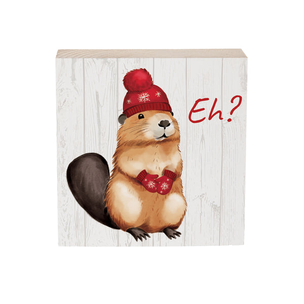 Plow & Hearth Canada Strong Vintage Sign Wood Block Beaver "Eh?" 6"x6"