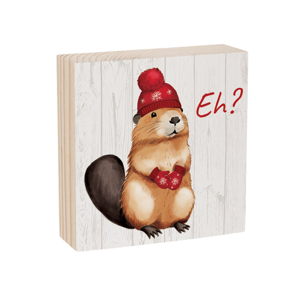 Plow & Hearth Canada Strong Vintage Sign Wood Block Beaver "Eh?" 6"x6"