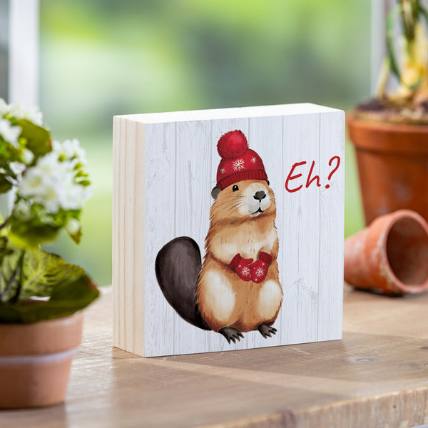 plow & hearth Canada Strong Vintage Sign Wood Block Beaver "Eh?" 6"x6"