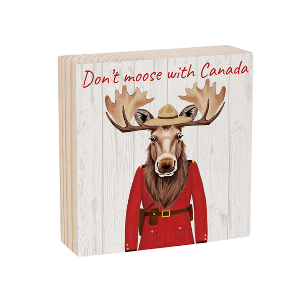 Plow & Hearth Canada Strong Vintage Sign Wood Block "Don't Moose With Canada" 6"x6"