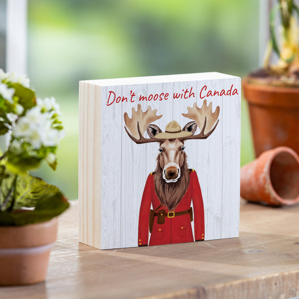 plow & hearth Canada Strong Vintage Sign Wood Block "Don't Moose With Canada" 6"x6"