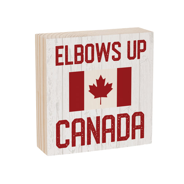 Plow & Hearth Canada Strong Vintage Sign Wood Block "Elbows Up Canada" 6"x6"