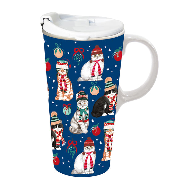 plow & hearth Ceramic Perfect Travel Cup 17oz w/ Gift Box Winter Cats