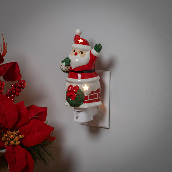 plow & hearth Ceramic Santa in Chimney with Star Cut-out Nightlight