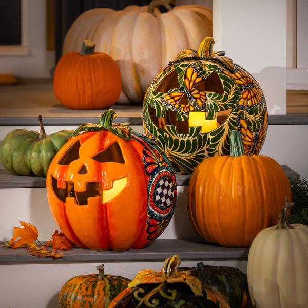 Plow & Hearth Checkered Flower Large Ceramic Talavera Harvest Pumpkin Large