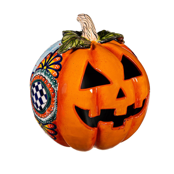 Plow & Hearth Checkered Flower Large Ceramic Talavera Harvest Pumpkin Large