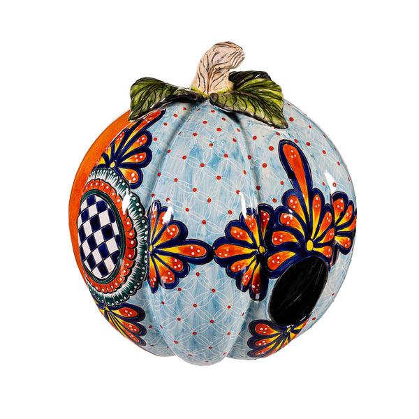 Plow & Hearth Checkered Flower Large Ceramic Talavera Harvest Pumpkin Large