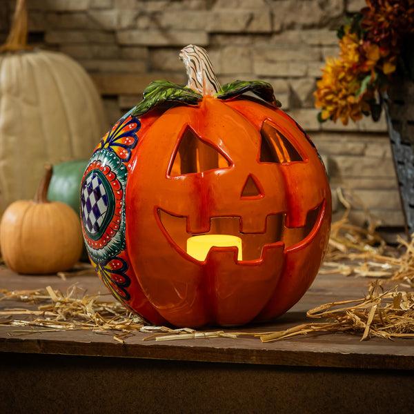 plow & hearth Checkered Flower Large Ceramic Talavera Harvest Pumpkin Large