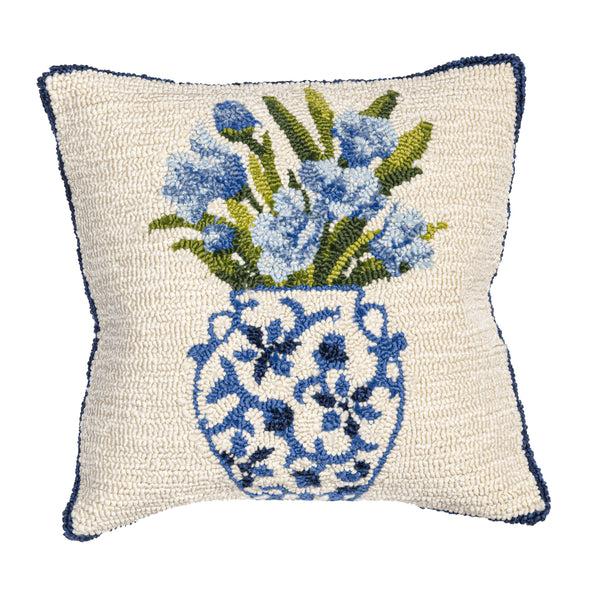 Plow & Hearth Chinoiserie Bloom Blue Floral Indoor/Outdoor Hooked Pillow 18"x18"