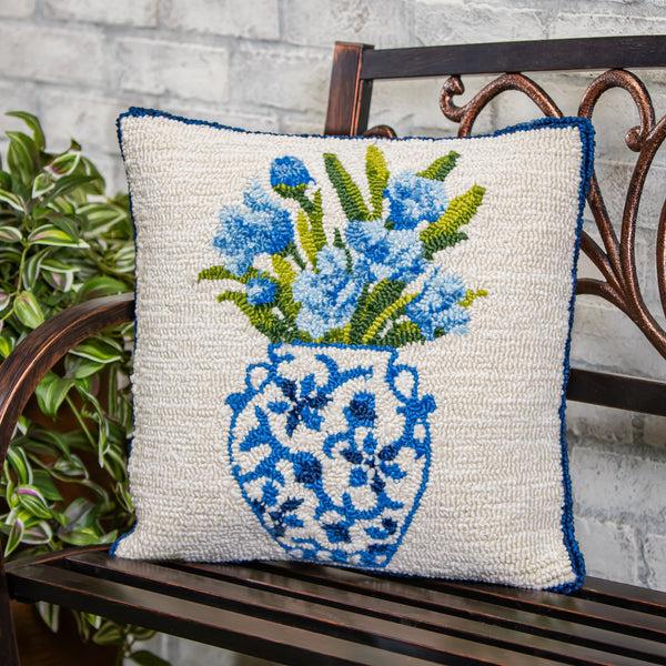 plow & hearth Chinoiserie Bloom Blue Floral Indoor/Outdoor Hooked Pillow 18"x18"
