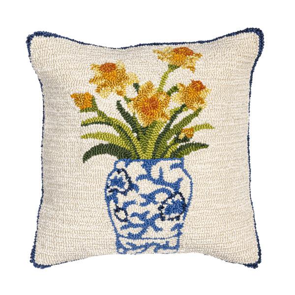 Plow & Hearth Chinoiserie Bloom Daffodil Indoor/Outdoor Hooked Pillow 18"x18"