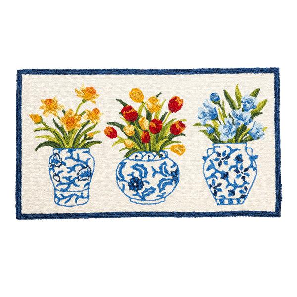 plow & hearth Chinoiserie Bloom Trio Indoor/Outdoor Hooked Rug 24"x42"