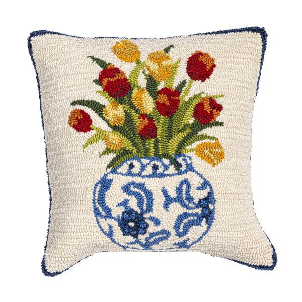 Plow & Hearth Chinoiserie Bloom Tulip Indoor/Outdoor Hooked Pillow 18"x18"