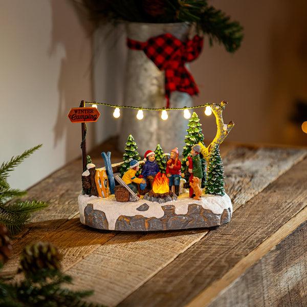 plow & hearth Christmas Vacation LED Table Decor Resin Flickering Campfire Scene 6"