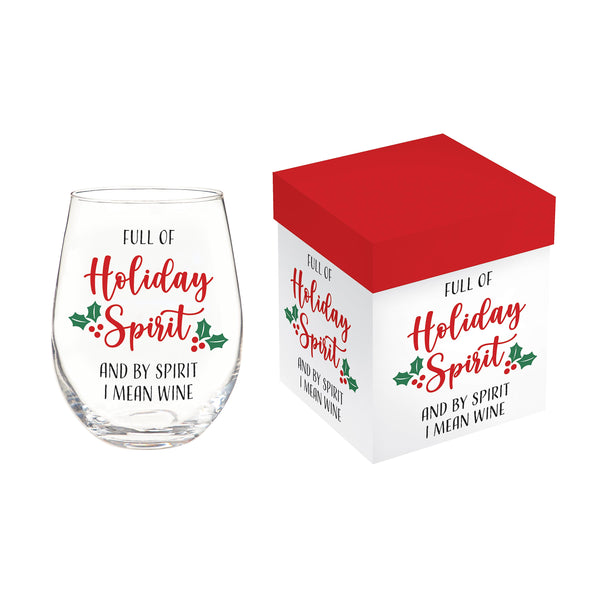 Plow & Hearth Christmas Vacation Wine Glass Stemless Glass Holiday Spirit 17oz Gift Box
