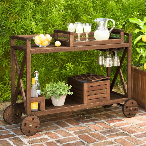 plow & hearth Claremont Eucalyptus Rolling Outdoor Bar Cart - Natural