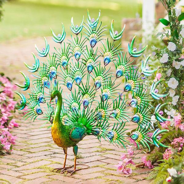 plow & hearth Colorful Metal Indoor/Outdoor Standing Peacock Sculpture