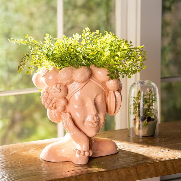 plow & hearth Coral Colored Lady with Fruit Crown Planter
