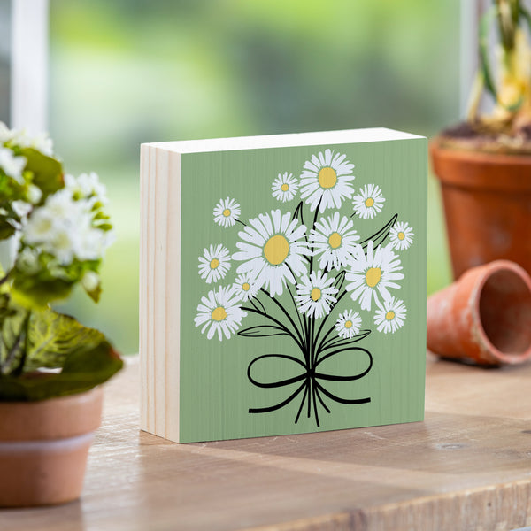 plow & hearth Daisy Scape Sign Wood Block Bouquet 6"x6"