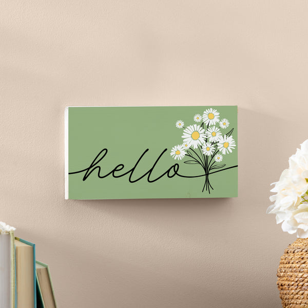 Plow & Hearth Daisy Scape Wood Hanging Sign W/ Rope "Hello" Bouquet 11"x6"