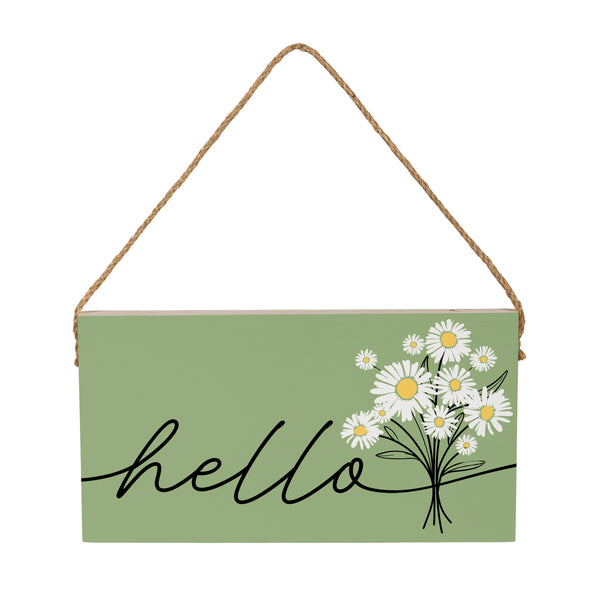 Plow & Hearth Daisy Scape Wood Hanging Sign W/ Rope "Hello" Bouquet 11"x6"