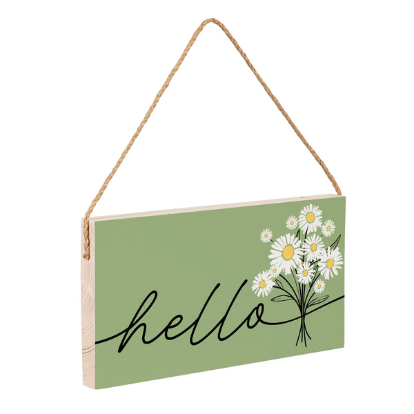 Plow & Hearth Daisy Scape Wood Hanging Sign W/ Rope "Hello" Bouquet 11"x6"