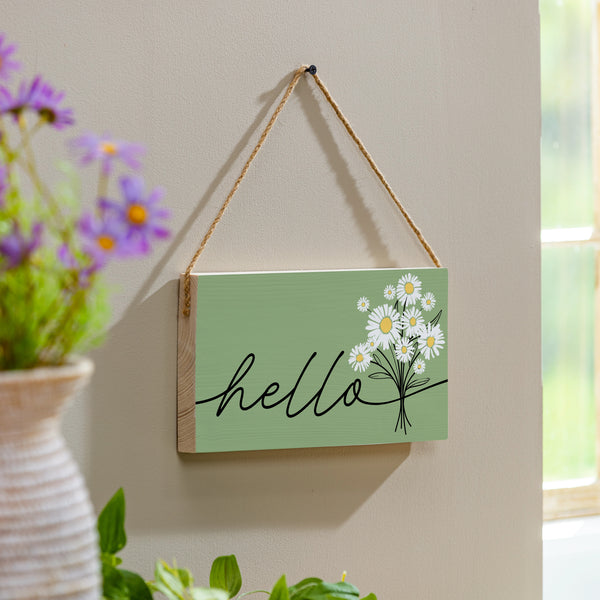 plow & hearth Daisy Scape Wood Hanging Sign w/ Rope "Hello" Bouquet 11"x6"