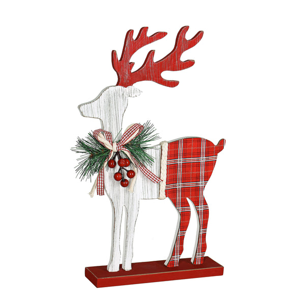 Plow & Hearth Deer With Plaid Design And Artificial Wood Table Décor 15"