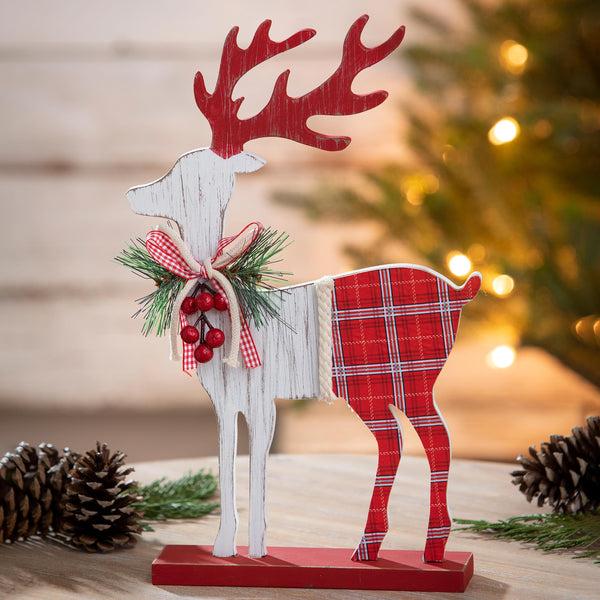 plow & hearth Deer with Plaid Design and Artificial Wood Table Décor 15"