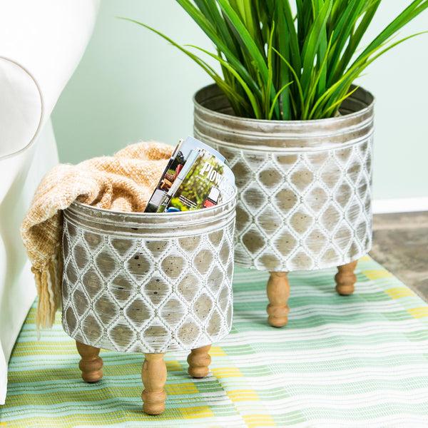 plow & hearth Embossed Metal Planter with Wood Legs Set of 2