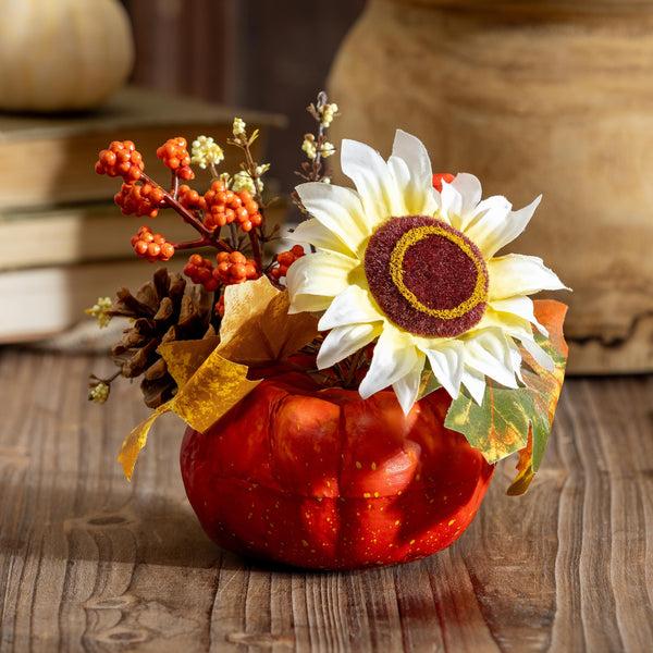 plow & hearth Fall Floral Artificial in Pumpkin Shaped Pot 6.5"L