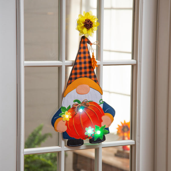 plow & hearth Fall Gnome with Pumpkin Lighted Window Décor
