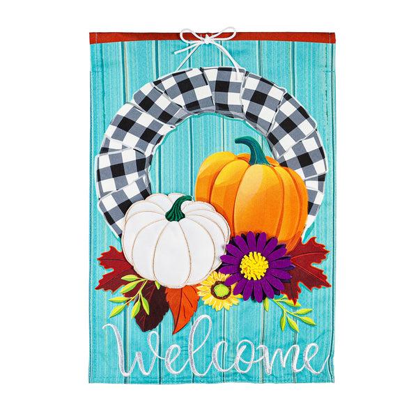 Plow & Hearth Fall Wreath And Buffalo Check Linen Garden Flag