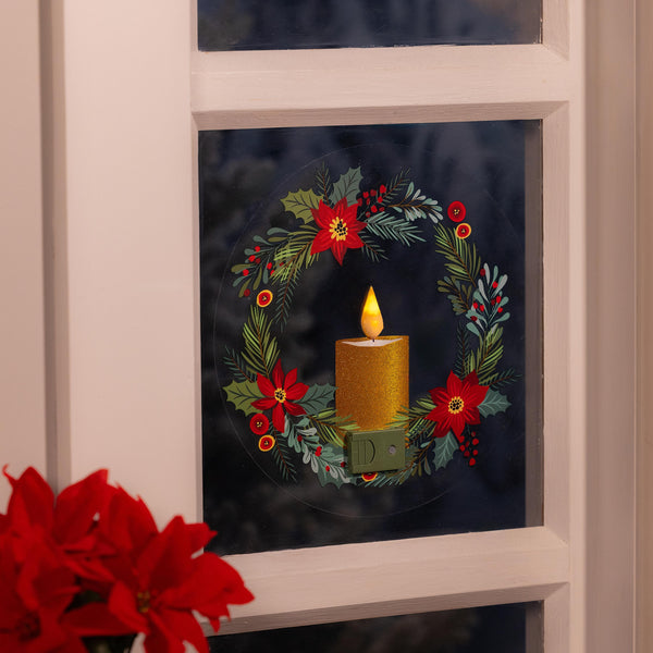 plow & hearth Feels Like The Holidays LED Hanging Décor Wreath with Flickering Light Window Decal 10"H
