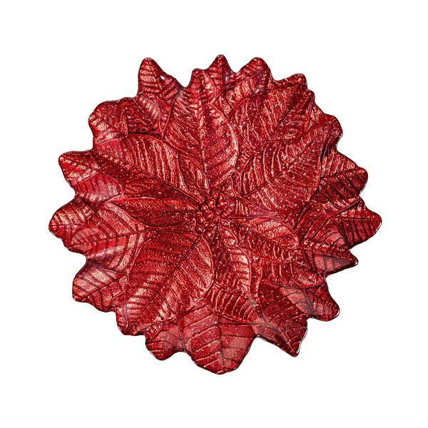 plow & hearth Feels Like The Holidays Plate Glass Poinsettia Serving Dish 12"