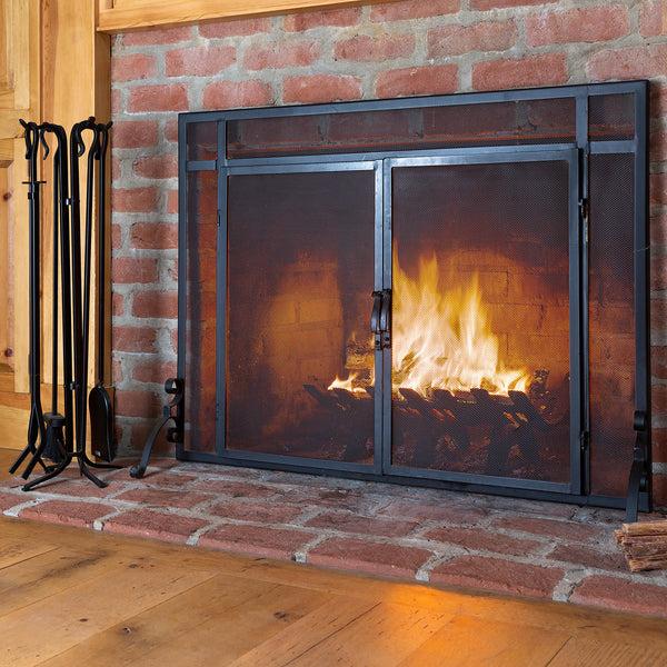 Plow & Hearth Flat Guard Fire Screens With Doors In Solid Steel 39"W X 31"H