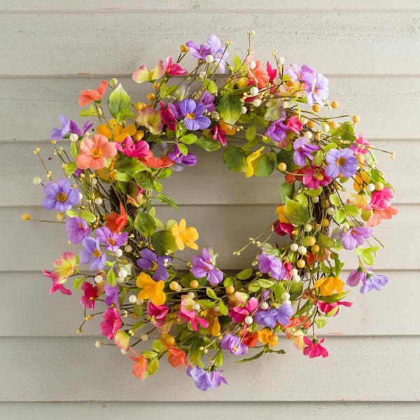 plow & hearth Floral Watercolor Wreath with Faux Pansies and Violets